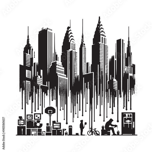 Urban sprawl artistic monochrome cityscape in stylized drip effect style