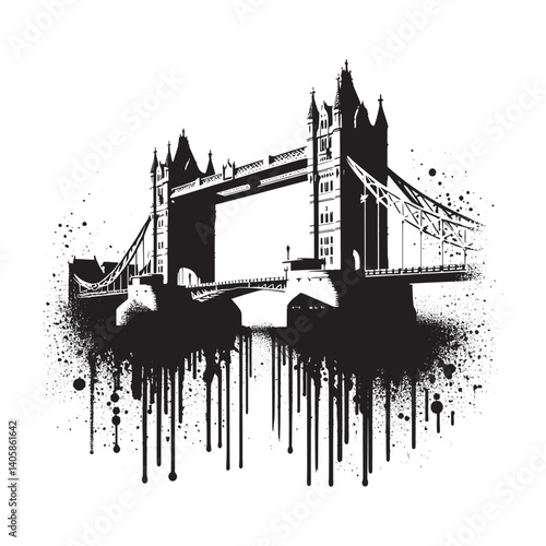 Urban London Bridge Illustration Stencil Style Black and White Splatter