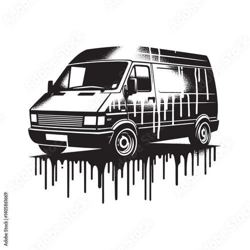 Urban-inspired transport van illustration with grunge dripping paint style