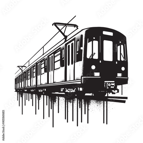 Urban transit artwork featuring stencil styled subway train with dripping paint