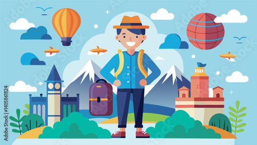 Hiking traveler exploring a vibrant landscape with mountains, buildings, and hot air balloons during a pleasant day in nature