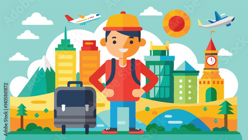 Hiking traveler exploring a vibrant landscape with mountains, buildings, and hot air balloons during a pleasant day in nature
