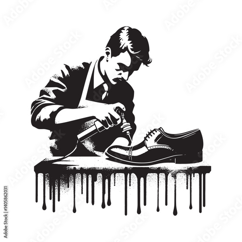 Vintage shoemaker applying polish in stencil style with dripping spray effect