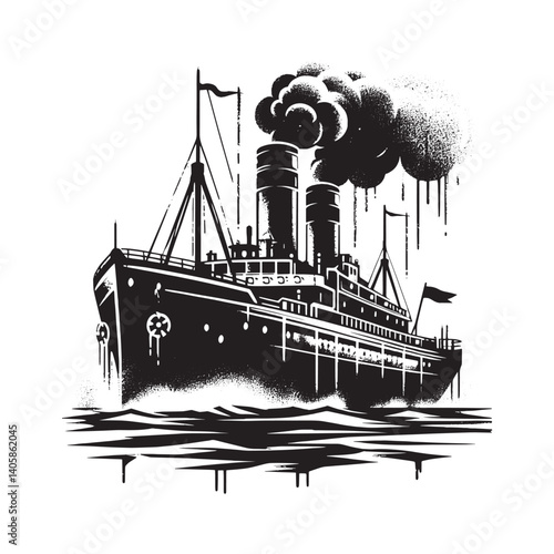 Vintage Steamship Illustration in Grunge Stencil Style with Spray Drips