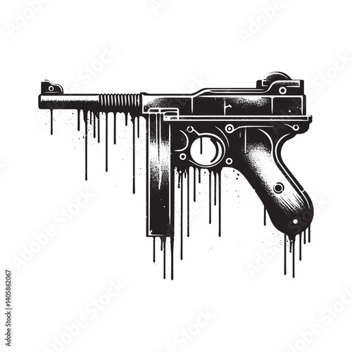 Vintage Submachine Gun Illustration with Dripping Black Paint Effect