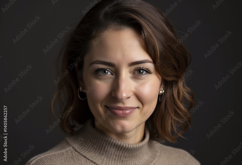 Portrait of a Woman with Soft Light: A portrait of a woman with a warm, inviting smile illuminated by soft, natural light. Her gaze is direct and confident, her hair cascading down her shoulders. Portrait of a Woman with Soft Light: A portrait of a woman with a warm, inviting smile illuminated by soft, natural light. Her gaze is direct and confident, her hair cascading down her shoulders.