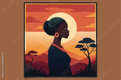 Profile of a woman against a vibrant sunset landscape featuring mountains and silhouette trees in a vector illustration style