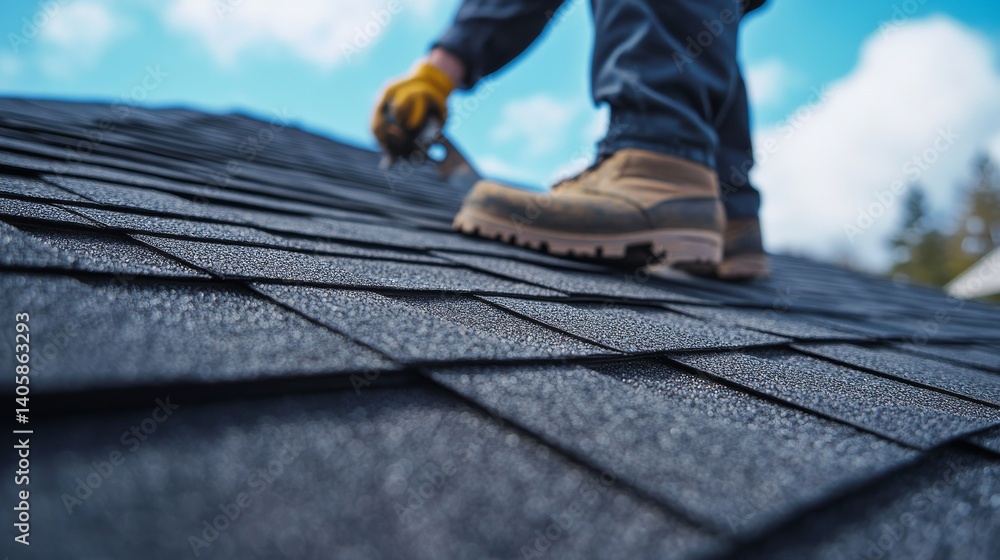 Roofing worker installing shingles on a new roof. Featuring skill and efficiency Roofing worker installing shingles on a new roof. Featuring skill and efficiency