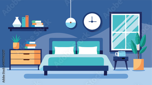Cozy blue bedroom illustration featuring modern furniture, a clock, and decorative plants suitable for any interior design project