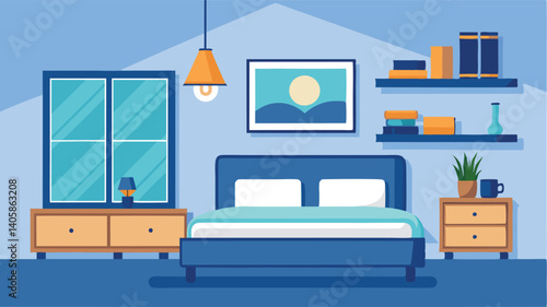 Cozy blue bedroom illustration featuring modern furniture, a clock, and decorative plants suitable for any interior design project