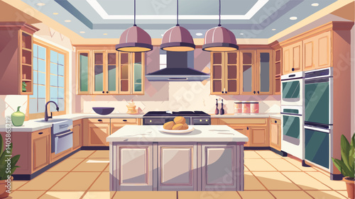 Modern kitchen interior design featuring a central island and warm color palette with stylish lighting and appliances