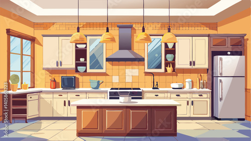 Modern kitchen interior design featuring a central island and warm color palette with stylish lighting and appliances