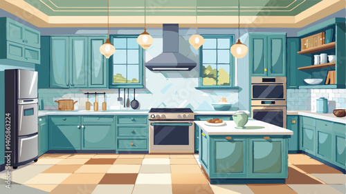 Modern kitchen interior design featuring a central island and warm color palette with stylish lighting and appliances