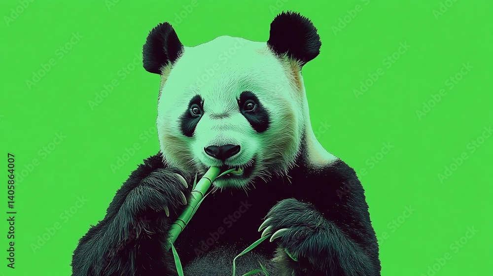 Giant panda nibbling bamboo stalks in a tranquil green habitat colored background Giant panda nibbling bamboo stalks in a tranquil green habitat colored background