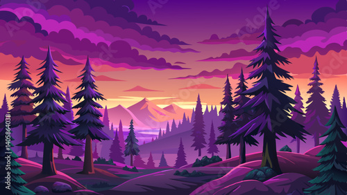 Stunning cartoon summer at evening in the peak mountains and pine trees, Beautiful alpine meadow purple sky, Simple cartoon design Flat style vector illustration