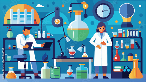Illustration of a busy laboratory with two scientists conducting experiments and analyzing data in a colorful, modern science environment