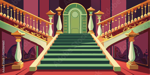 Elegant interior of a grand staircase with ornate railings and vibrant walls in a luxurious setting, inviting exploration at any time of day