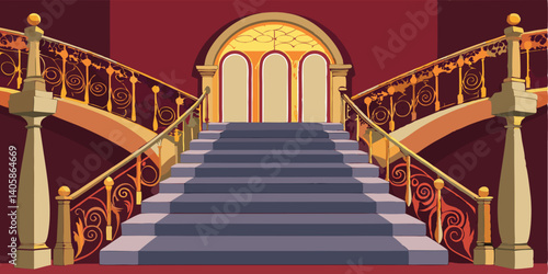 Elegant interior of a grand staircase with ornate railings and vibrant walls in a luxurious setting, inviting exploration at any time of day