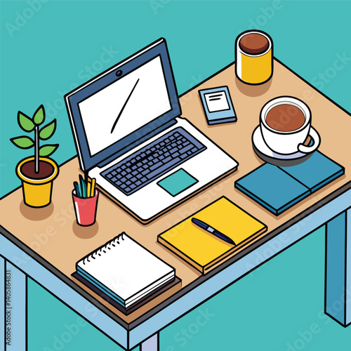 Organized Workspace Featuring Laptop, Notebook, and Coffee Cup on a Tidy Desk