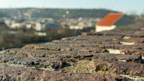 close up of a brick wall with a city skyline in the background