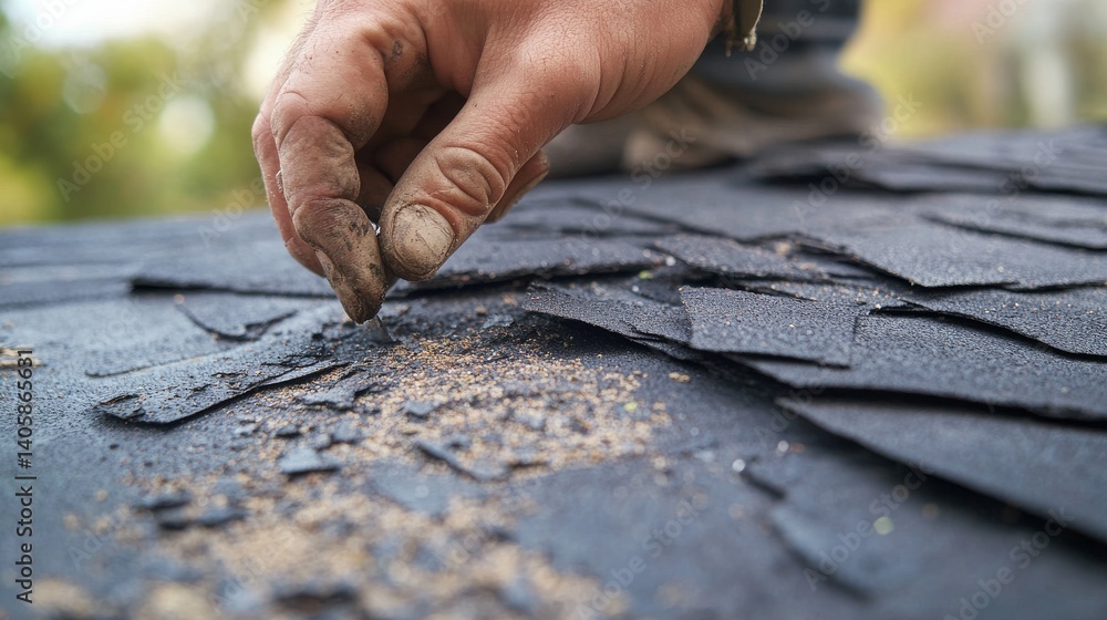 Roofing worker removing damaged shingles from a roof. Featuring focus and skill Roofing worker removing damaged shingles from a roof. Featuring focus and skill