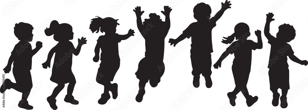 Children Silhouettes on Transparent Background: Black Vector Kids Playing and Jumping
