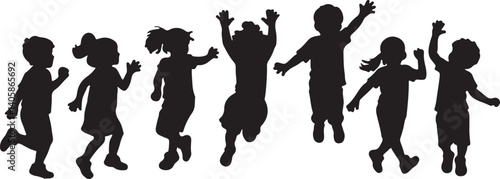 Obraz na płótnie Children Silhouettes on Transparent Background: Black Vector Kids Playing and Jumping w salonie