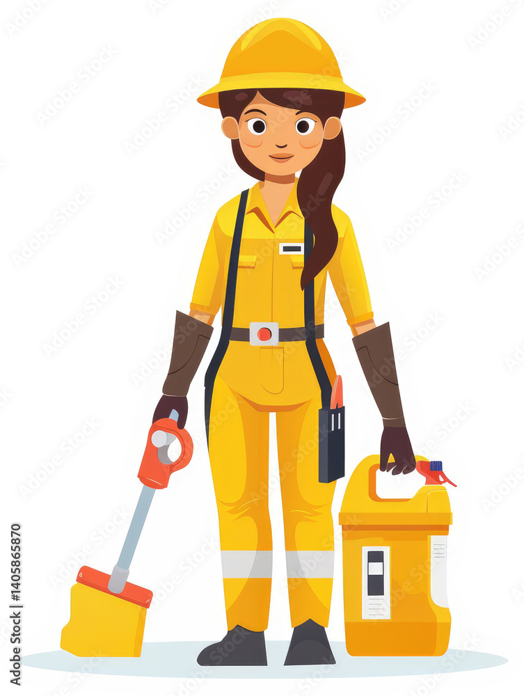 Female worker in protective yellow uniform with cleaning supplies. Female worker in protective yellow uniform with cleaning supplies.