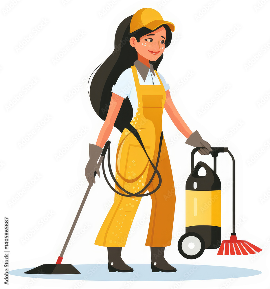 Smiling woman in protective gear using pest control equipment.
