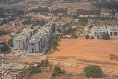 Obraz na płótnie India, Karnataka, Bangalore, Aerial view of city outskirts in the day from an aeroplane window w salonie
