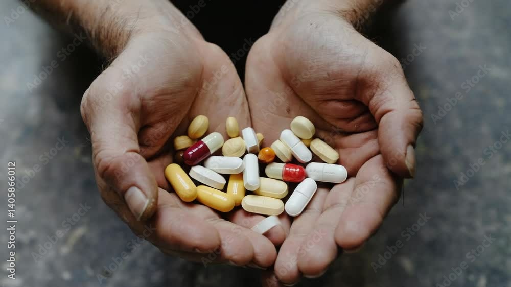 A person is holding a handful of pills in their hands, possibly for personal use or medical treatment.