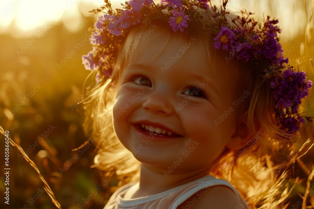 Happy caucasian infant girl with blond hair wearing purple flower crown on her head. Golden hour in sunset. Happy vacation time concept art. Child’s peaceful summer retreat. Happy caucasian infant girl with blond hair wearing purple flower crown on her head. Golden hour in sunset. Happy vacation time concept art. Child’s peaceful summer retreat.