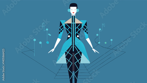 Stylized figure in futuristic attire engages with musical elements in a vibrant digital environment