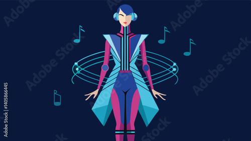 Stylized figure in futuristic attire engages with musical elements in a vibrant digital environment
