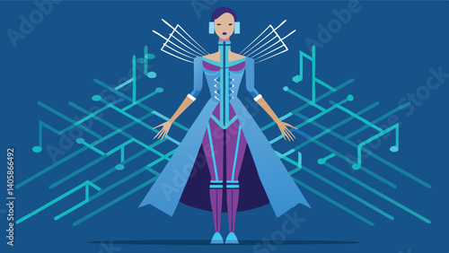 Stylized figure in futuristic attire engages with musical elements in a vibrant digital environment