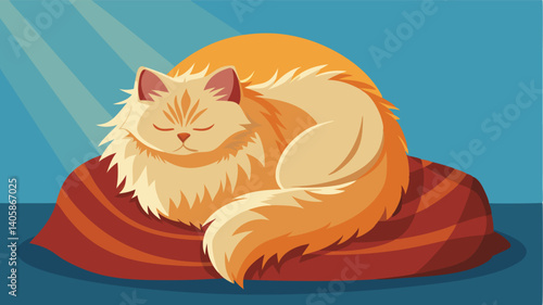 Plush orange cat resting peacefully on a cozy blanket under warm sunlight in a serene indoor setting