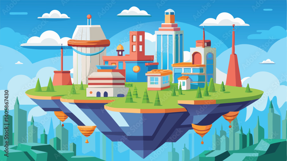 Floating island city with skyscrapers, parks, and a bright sun in a vibrant blue sky during daytime Floating island city with skyscrapers, parks, and a bright sun in a vibrant blue sky during daytime