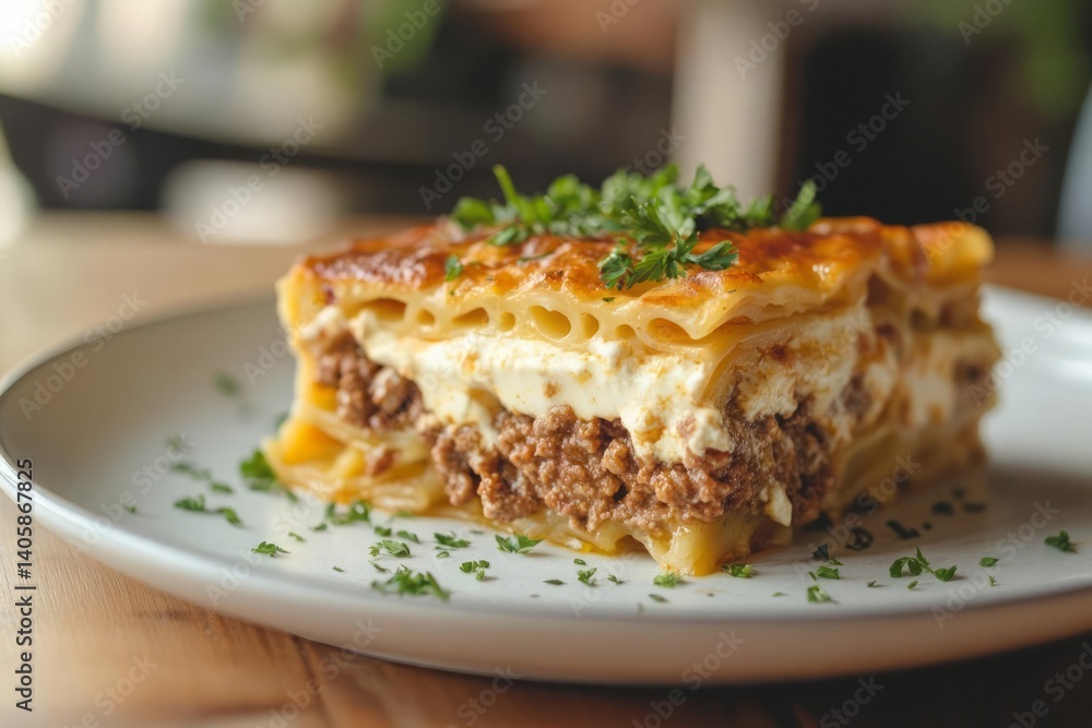 A close-up shot of a portion of baked pasta dish, featuring layers of pasta, ground meat, and a creamy white sauce, garnished with fresh parsley, served on a white plate A close-up shot of a portion of baked pasta dish, featuring layers of pasta, ground meat, and a creamy white sauce, garnished with fresh parsley, served on a white plate