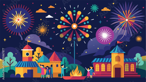 Colorful celebration with fireworks illuminating castle and joyful people in vibrant festival atmosphere at night