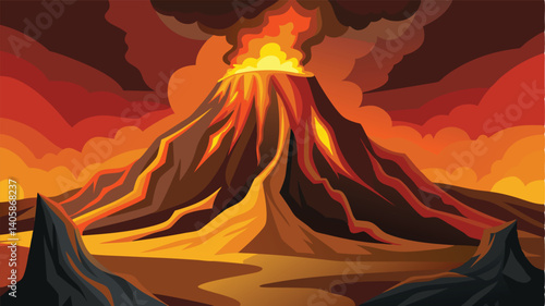 Explosive volcanic eruption at sunset with fiery lava flowing down the mountainside creating dramatic landscape