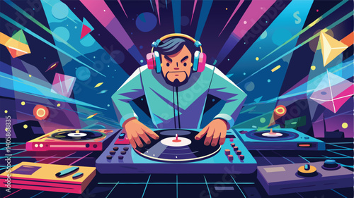 Dynamic DJ performing at a vibrant party with colorful lights and energetic atmosphere under a neon backdrop