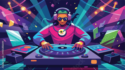 Dynamic DJ performing at a vibrant party with colorful lights and energetic atmosphere under a neon backdrop