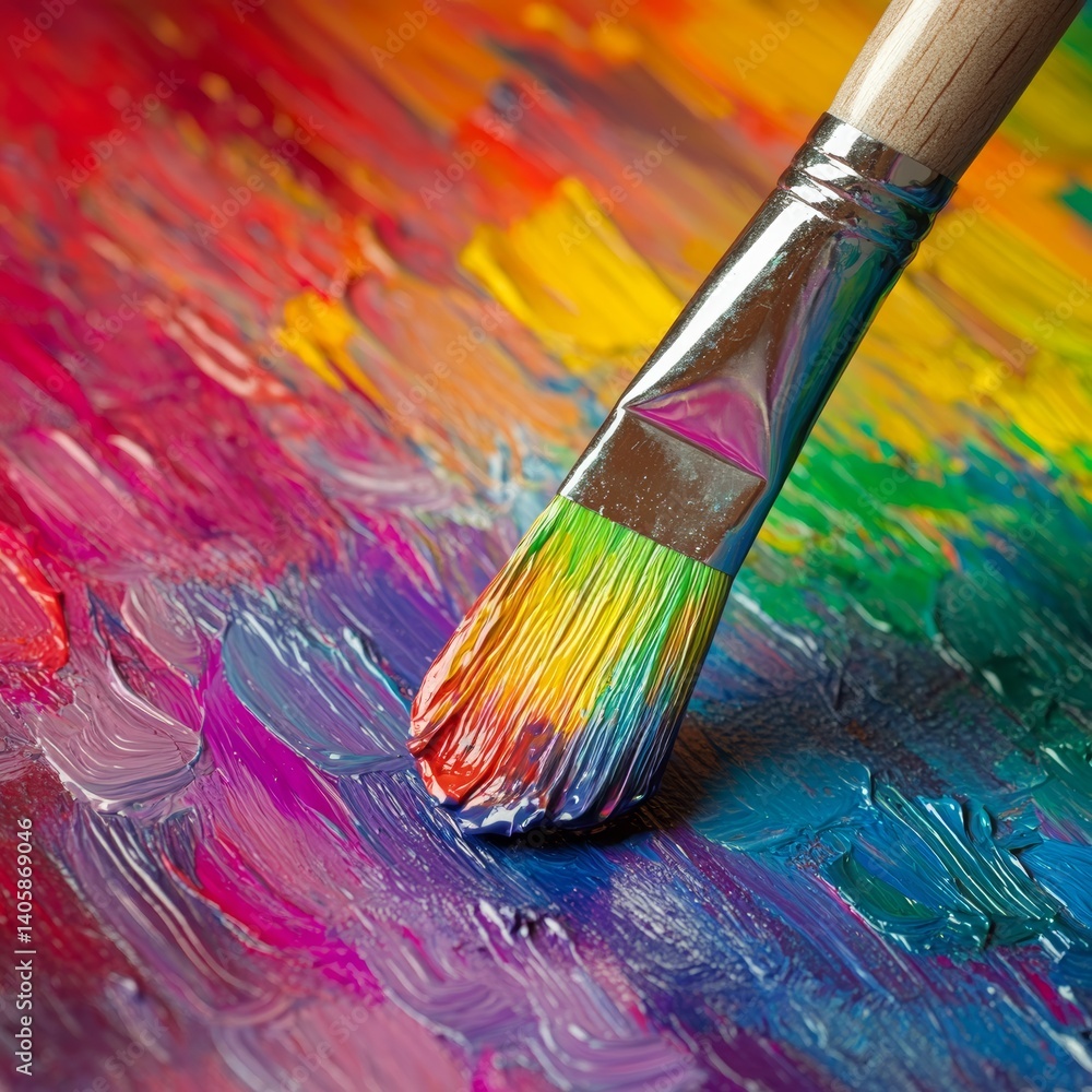 Obraz premium Creative Spark Artists paintbrush hovering over a blank canvas splashed with rainbow colors dynamic composition studio lighting with soft shadows vibrant contrast square metaphor for creativity