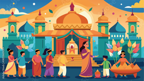 Colorful festival celebration at a vibrant temple with families participating in traditional activities and children playing with flower offerings