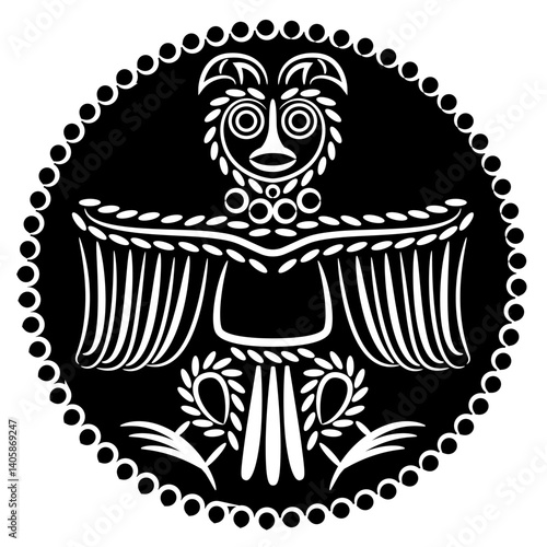 Stylized owl in a circle. Ethnic Russian totem bird design from ancient Siberia. Animal Permian style. Black and white silhouette. 