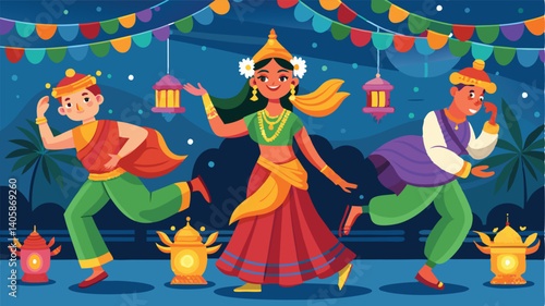 Traditional cultural celebration with dancers in festive attire performing in a vibrant setting with lanterns and decorations