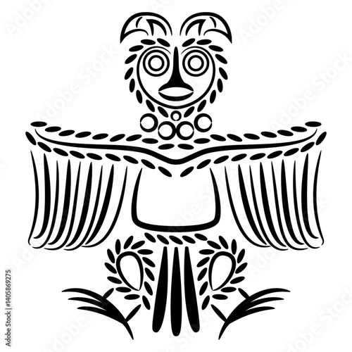 Stylized owl. Ethnic Russian totem bird design from ancient Siberia. Animal Permian style. Black and white linear silhouette. 