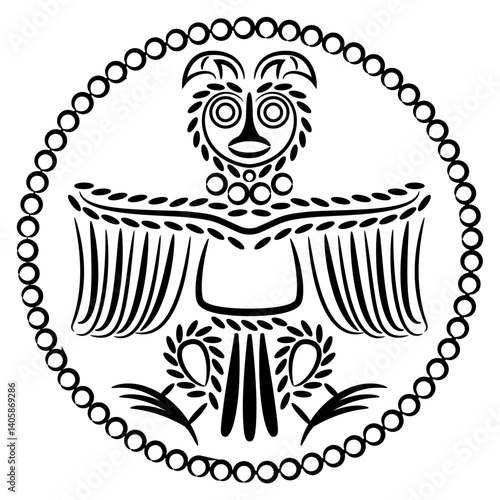 Stylized owl in a circle. Ethnic Russian totem bird design from ancient Siberia. Animal Permian style. Black and white linear silhouette. 