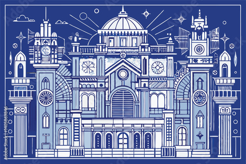 Architectural vector illustration showcasing diverse historical buildings in a vibrant blue setting, featuring intricate details and unique designs that reflect various styles and eras