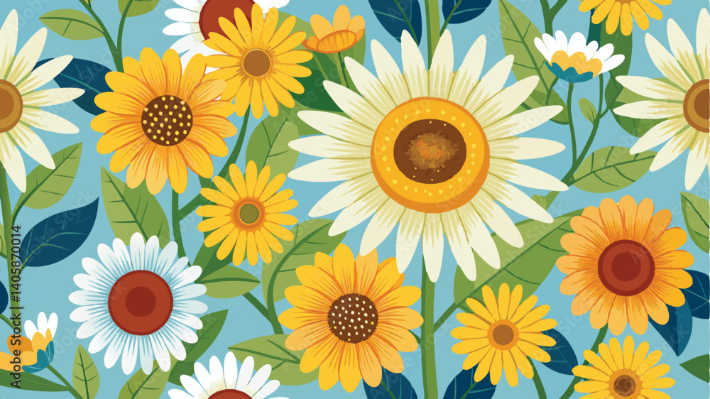 Sunflowers and daisies in a vibrant garden illustration featuring bright blooms among lush green leaves against a cheerful blue background Sunflowers and daisies in a vibrant garden illustration featuring bright blooms among lush green leaves against a cheerful blue background